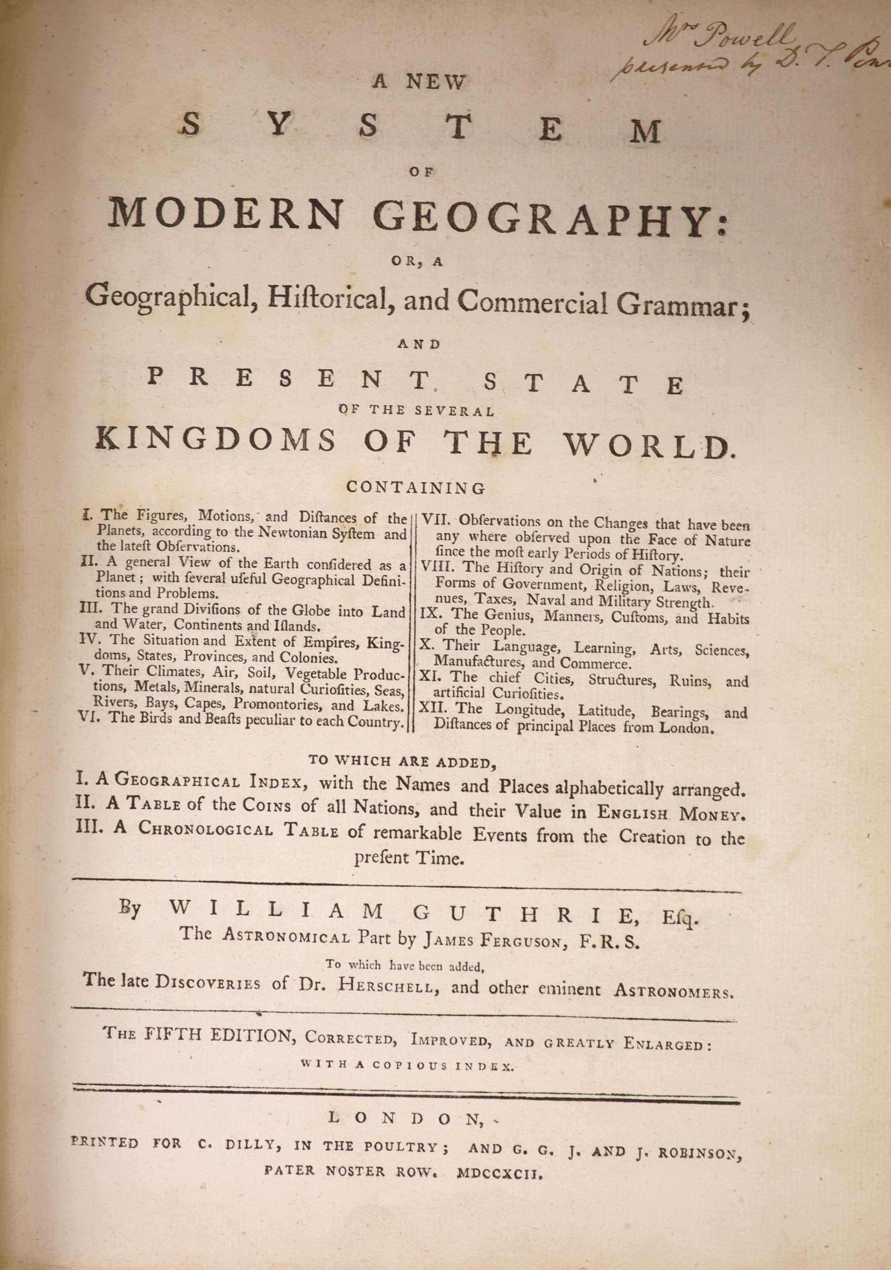 Guthrie, William - A New System of Modern Geography ... and Present State of the Several Kingdoms of the World. 5th edition, corrected (etc.); together with (bound separately)